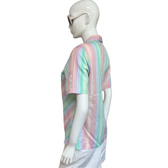 KILLER Vintage 1970s Pastel Rainbow Stripe Button Down Blouse - Picture 7 of 11
